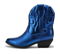 Soda Damen Cowgirl Cowboy Western genähte Stiefeletten spitze Zehen kurze Booties Rigging-S, Blau Metallic, 40.5 EU von Soda