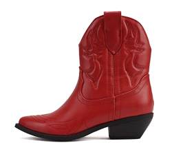 Soda Damen Cowgirl Cowboy Western genähte Stiefeletten spitze Zehen kurze Booties Rigging-S, Rot PU, 40.5 EU von Soda