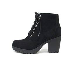 Soda Second Lug Sole Chunky Heel Combat Ankle Bootie Lace up w/Side Zipper, Schwarzes Velourslederimitat, 42 EU von Soda