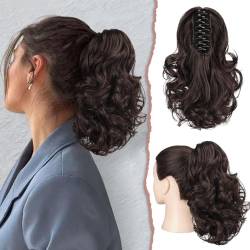 Sofeiyan Pferdeschwanz Verlängerung 28cm Klaue Clip in Pferdeschwanz Haarverlängerungen Kurz Lockig Gewellt Pferdeschwanz Extensions Synthetisches Haarteil für Frauen, Dunkelbraun & Dunkler Auburn von Sofeiyan