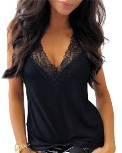 Sofia's Choice Damen Bluse Sexy Oberteile V Ausschnitt Spitzenspitze Top Lässiges Ärmelloses Tops Schwarz M von Sofia's Choice