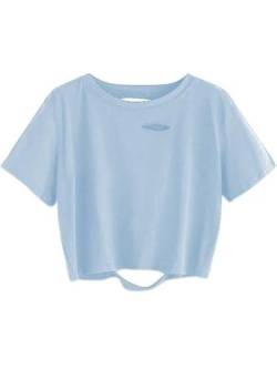 Sofia's Choice Damen Crop Top Basic Tie Dye T Shirt Zerrissenes Kurzarm Oberteil Blau XL von Sofia's Choice