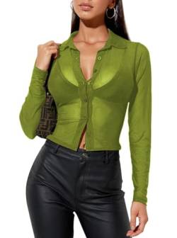 Sofia's Choice Damen Durchsichtiges Oberteil Revers Transparent Shirt Knopf Mesh Crop Top Green M von Sofia's Choice