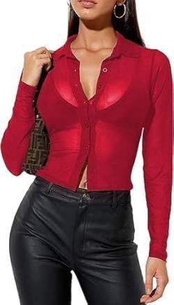 Sofia's Choice Damen Durchsichtiges Oberteil Revers Transparent Shirt Knopf Mesh Crop Top Rot XL von Sofia's Choice