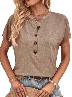 Sofia's Choice Damen Kurzarm V Ausschnitt T Shirt Sommer Knopf Top Lockeres Oberteil Khaki S von Sofia's Choice