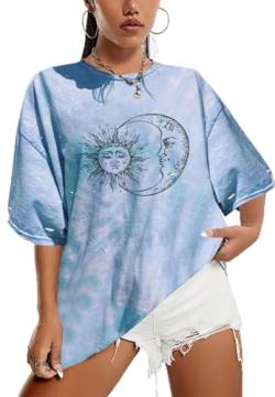 Sofia's Choice Damen Oversize Batik T Shirt Sonne und Mond Kurzarm Top Casual Oberteil Blue L von Sofia's Choice