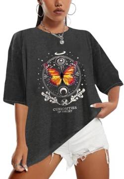 Sofia's Choice Damen Oversize Kurzarm T Shirt Rundhals Loose Top Casual Sommer Oberteil Black Papillon L von Sofia's Choice