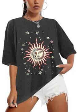 Sofia's Choice Damen Oversize Kurzarm T Shirt Rundhals Loose Top Casual Sommer Oberteile Sun Black M von Sofia's Choice