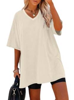 Sofia's Choice Damen Oversize Kurzarm T Shirt V Ausschnitt Sommer Top Casual Oberteile Beige L von Sofia's Choice