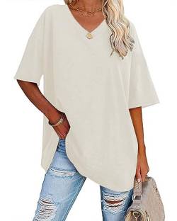 Sofia's Choice Damen Oversize Kurzarm T Shirt V Ausschnitt Sommer Top Casual Oberteile Beige M von Sofia's Choice