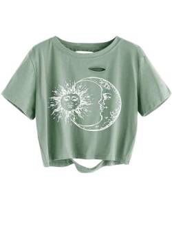 Sofia's Choice Damen Sonne und Mond Crop Top T Shirt Zerrissenes Kurzarm Oberteil Grün L von Sofia's Choice