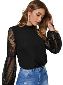 Sofia's Choice Damen Spitze Blusen Langarm Top Rundhals Transparente Ärmel Oberteil Schwarz L von Sofia's Choice