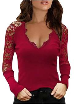 Sofia's Choice Damen Spitzen Langarm Oberteil Sexy Tiefe V Ausschnitt T Shirt Top Rot S von Sofia's Choice