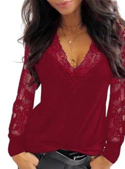 Sofia's Choice Damen Spitzen Oberteile Sexy tiefer V Ausschnitt Top Geripptes Langarmshirt Red M von Sofia's Choice