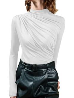 Sofia's Choice Damen Stehkragen Langarm Top Falten Elegante T Shirt Slim Fit Oberteil Weiß XL von Sofia's Choice