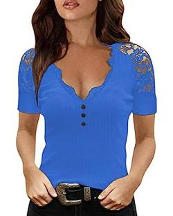 Sofia's Choice Sexy Spitzen Kurzarm Top Damen Tiefer V Ausschnitt T Shirt Slim Fit Oberteil Royal Blue S von Sofia's Choice