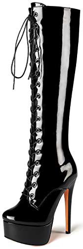 Soireelady Damen Overknee-Stiefel, Damen Stiletto High Heel Stiefel, Round Toe Platform Heel Stiefel, Schnürte Kniehohe Winterstiefel Schwarz EU37 von Soireelady