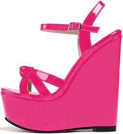 Soireelady High Heels Sandalen für Damen, Wedge Wooden Heel Platform Sandalen, Open Toe Knöchelriemen Mode Sommersandalen Patent Fuchsia EU45 von Soireelady