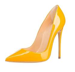 Soireelady Spitze Damen Pumps,Bequeme Lack Stilettos,Elegante Gelb High Heels Große 37 von Soireelady