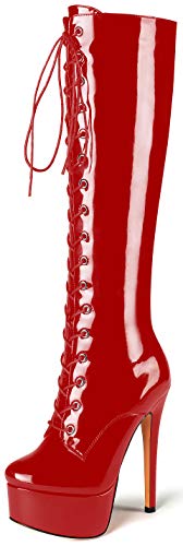 Soireelady Stiletto Fersenstiefel, Damen Lederstiefel, Schnürkomfort Winterschuhe mit Absatz Rot EU39 von Soireelady