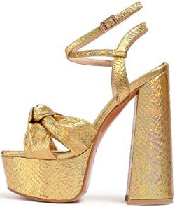 YODEKS Damen-Sandaletten, Knöchelriemen-Plateausandalen, Peep Toe-Sandalen mit hohen Absätzen, Sommerkleiderschuhe mit klobigen Absätzen Gold-B EU39 von Soireelady