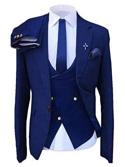 Herrenanzug, formell, 3-teilig, schmale Passform, Revers, Blazer, blauer Smoking für Hochzeit, Trauzeugen (Blazer + Weste + Hose) - Blau - 50 von Solove-Suit