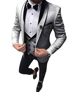 Solove-Suit Herren 3 Stücke Formeller Notch Revers Herren Anzug Slim Fit Klassisches Design Smoking Für Hochzeit Groomsmen (Blazer + Weste + Hose)(Silber,44) von Solove-Suit