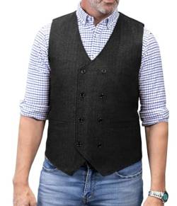 Solove-Suit Herren Formelle Groomsmen Zweireiher Anzug Weste Wolle/Tweed Slim Fit Weste Hochzeit Weste(XL, schwarz) von Solove-Suit