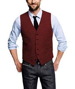 Solove-Suit Herren Klassischer Tweed Anzug Weste Fischgrätenmuster Slim Fit Weste für Hochzeit Groomsmen（Burgund，XL von Solove-Suit