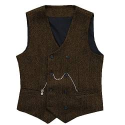 Herren Jahrgang Anzug Weste Zweireihig Wolle Tweed Weste für Hochzeit Groomsmen(Kaffee,XL) von Solovedress