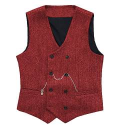 Herren Jahrgang Anzug Weste Zweireihig Wolle Tweed Weste für Hochzeit Groomsmen(Rot,XXXL) von Solovedress