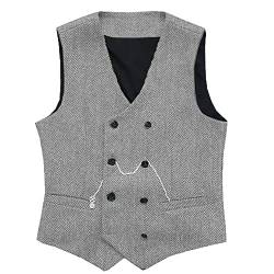 Herren Jahrgang Anzug Weste Zweireihig Wolle Tweed Weste für Hochzeit Groomsmen(Silber-Grau,XL) von Solovedress