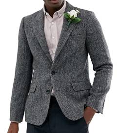 Sakko Herren Regular Fit Klassisch Blazer Tweed Anzugjacke Wolle für Hochzeitsfeier(Grau,M) von Solovedress