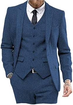 Solovedress Anzüge für Herren 3 Teilig Klassischer Smoking Tweed-Wolle für Hochzeit (Blazer +Weste+ Hose)(Blau,XL) von Solovedress