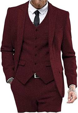 Solovedress Anzüge für Herren 3 Teilig Klassischer Smoking Tweed-Wolle für Hochzeit (Blazer +Weste+ Hose)(Burgund,M) von Solovedress