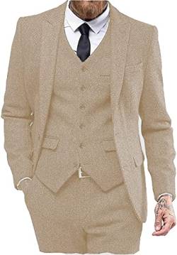 Solovedress Anzüge für Herren 3 Teilig Klassischer Smoking Tweed-Wolle für Hochzeit (Blazer +Weste+ Hose)(Champagner,3XL) von Solovedress