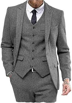 Solovedress Anzüge für Herren 3 Teilig Klassischer Smoking Tweed-Wolle für Hochzeit (Blazer +Weste+ Hose)(Grau,4XL) von Solovedress