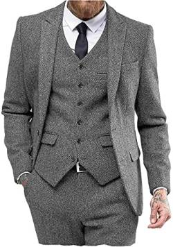 Solovedress Anzüge für Herren 3 Teilig Klassischer Smoking Tweed-Wolle für Hochzeit (Blazer +Weste+ Hose)(Grau,M) von Solovedress