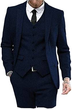 Solovedress Anzüge für Herren 3 Teilig Klassischer Smoking Tweed-Wolle für Hochzeit (Blazer +Weste+ Hose)(Marine,L) von Solovedress