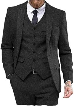 Solovedress Anzüge für Herren 3 Teilig Klassischer Smoking Tweed-Wolle für Hochzeit (Blazer +Weste+ Hose)(Schwarz,L) von Solovedress