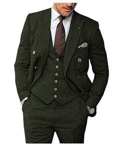 Solovedress Anzüge für herren 3 Teilig Klassischer Smoking Tweed-Wolle für Hochzeit (Blazer +Weste+ Hose)(Armeegrün,XL) von Solovedress