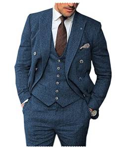 Solovedress Anzüge für herren 3 Teilig Klassischer Smoking Tweed-Wolle für Hochzeit (Blazer +Weste+ Hose)(Blau,XL) von Solovedress