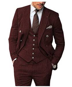 Solovedress Anzüge für herren 3 Teilig Klassischer Smoking Tweed-Wolle für Hochzeit (Blazer +Weste+ Hose)(Burgund,M) von Solovedress