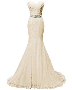 Solovedress Frauen Spitze Brautkleid Meerjungfrau Abendkleid Brautkleid mit Schärpe Hochzeitskleid (Europa 38, Champagner) von Solovedress