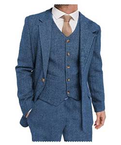 Solovedress Herren Anzuge 3 Teilig Klassischer Smoking Tweed-Wolle für Hochzeit (Blazer +Weste+ Hose)(Blau,XL) von Solovedress