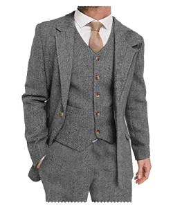 Solovedress Herren Anzuge 3 Teilig Klassischer Smoking Tweed-Wolle für Hochzeit (Blazer +Weste+ Hose)(Grau,L) von Solovedress