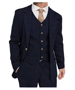 Solovedress Herren Anzuge 3 Teilig Klassischer Smoking Tweed-Wolle für Hochzeit (Blazer +Weste+ Hose)(Marine,S) von Solovedress