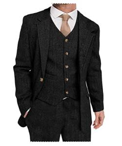 Solovedress Herren Anzuge 3 Teilig Klassischer Smoking Tweed-Wolle für Hochzeit (Blazer +Weste+ Hose)(Schwarz,3XL) von Solovedress