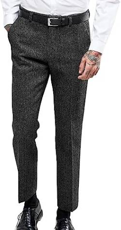 Solovedress Herren Vintage Herringbone Anzughose Tweed hoch taillierte Wolle Slim Fit Hose für Hochzeit Trauzeugen(Schwarz,34) von Solovedress