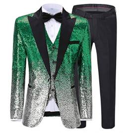 Solovedress Herrenanzug Pailletten 3 Stück Casual Hochzeit Anzug Slim Fit Kerbe Revers Groomsmen Smoking (Blazer+Weste+Hose)(Grün-silber,44) von Solovedress